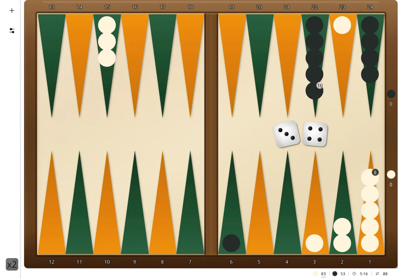La même partie sur tablette, thème clair : plateau plus haut aux flèches orange et vertes, mêmes pions et mêmes dés, compte de pips en bas à droite.