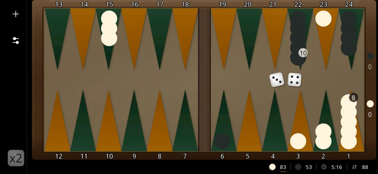 Partie en cours sur téléphone en interface sombre : plateau de bois foncé sur fond noir, pions ivoire et charbon, deux dés au milieu, compte de pips en bas.