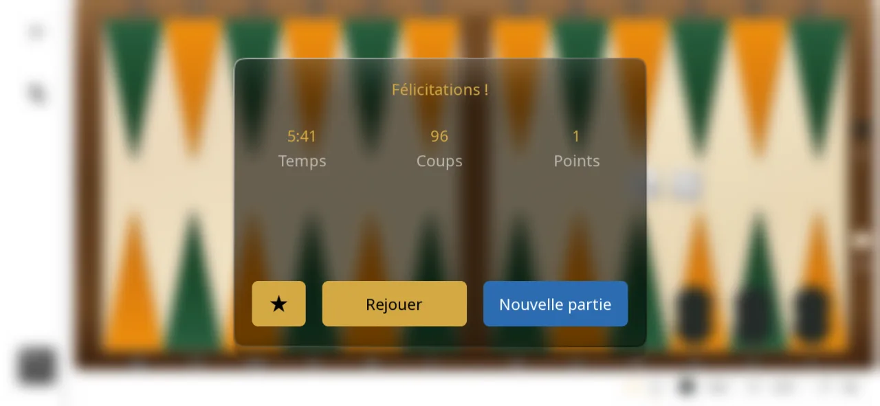 Fin d’une partie gagnée : fenêtre Félicitations au-dessus du plateau flouté, avec le temps, le nombre de coups et les points marqués, et les boutons Rejouer et Nouvelle partie.